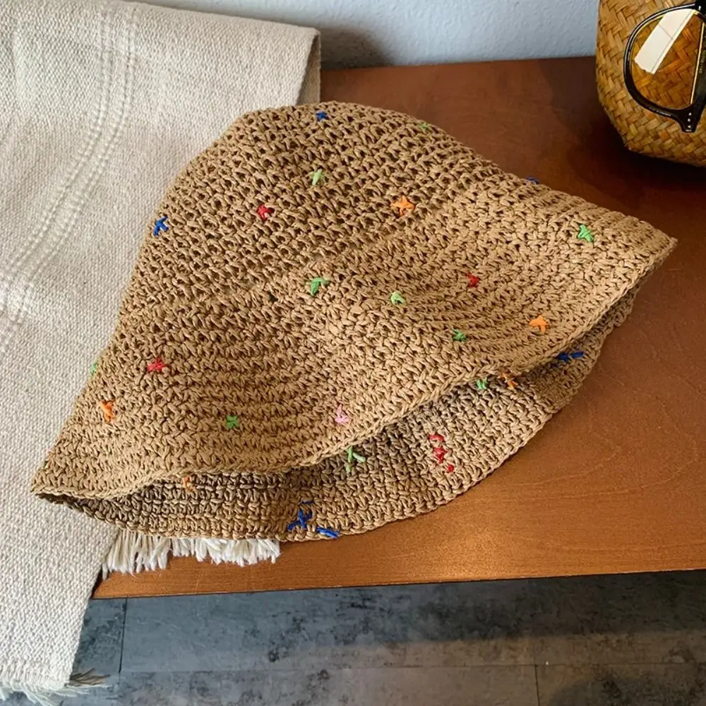 Trendy Colorful Sunscreen Straw Hat Foldable Beach Wear Sun Cap Hand-Crocheted Women's Summer Hat Travel Accessory