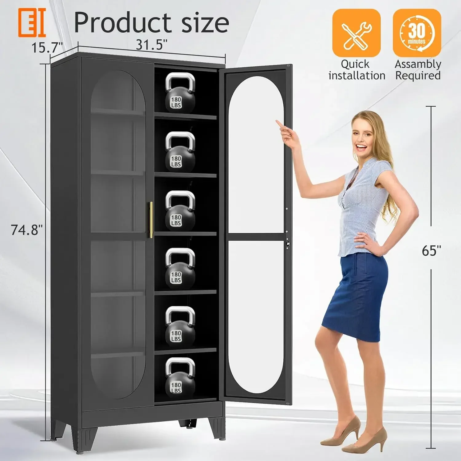 Black Locking Glass Door Display Cabinet 75 Inch Tall Metal Curio With 5 Adjustable Shelves For Living Room Wine Clinic Home Ass