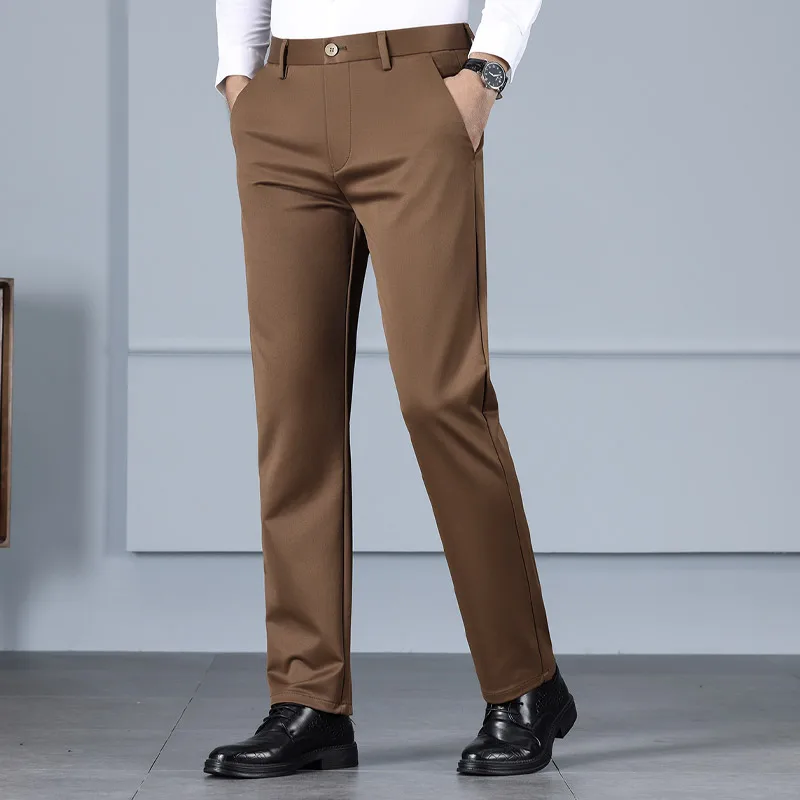 Polyester Fabric Casual Suit Pants Men's High Waist Loose Straight All-Matching Anti-Wrinkle Stretch Office Business Trousers