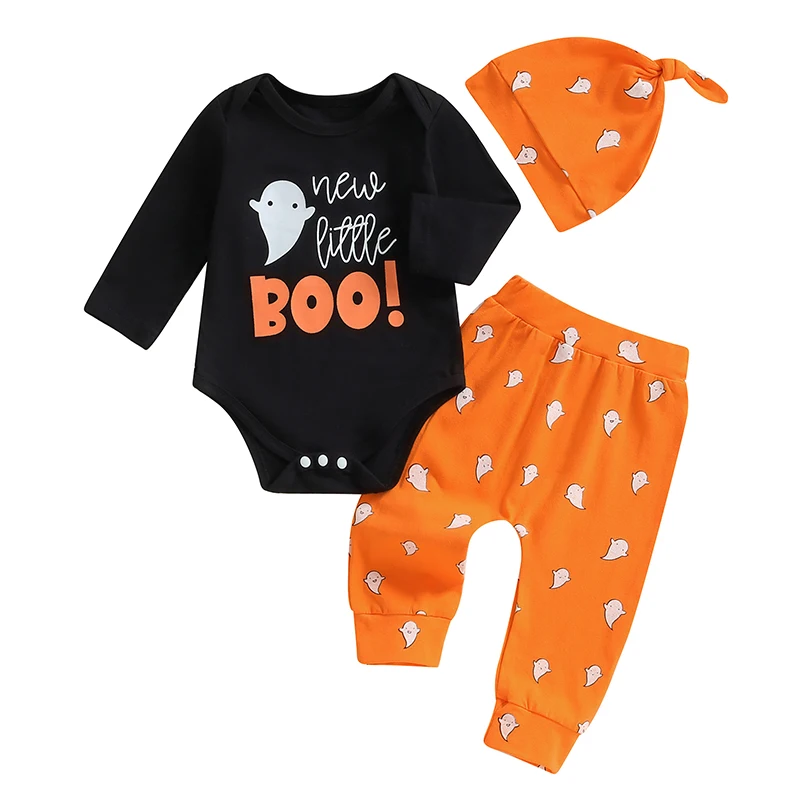 

3PCS Baby Boys Halloween Oufits Sets Long Sleeve Letter Print Romper Ghost Print Pants Hat Sets