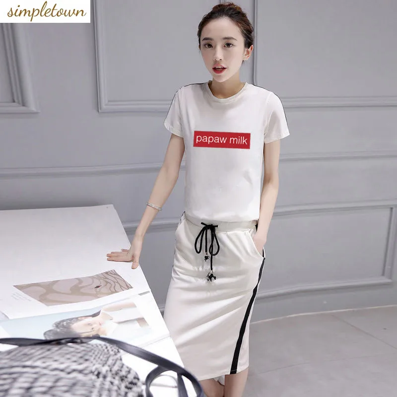 

Papaya Milk Summer New Product Short Sleeved Round Neck Letter T-shirt+Mid Length Skirt Elastic Waist Set Two Pieces