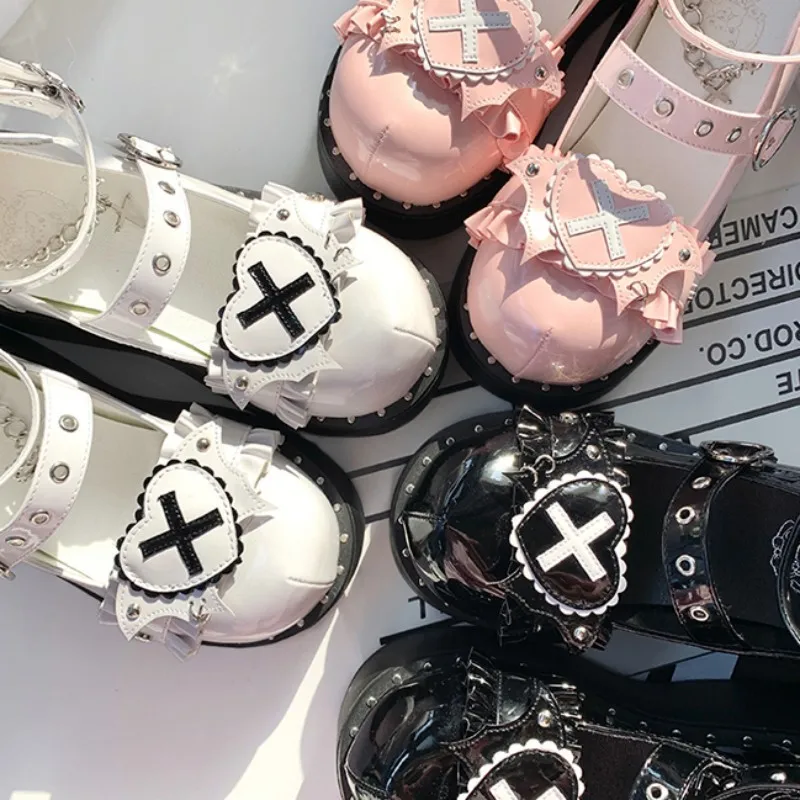 Gothic Lolita Girls' Shoes Cute Women PU Leather Shoes Y2k Punk Thick Sole Shoes Chain Love Shoes