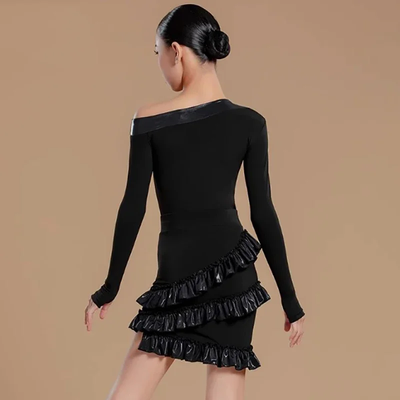 Body noir à manches longues et jupes de danse à volants pour enfants filles, Costume de compétition de danse latine Rumba Chacha, vêtements de danse
