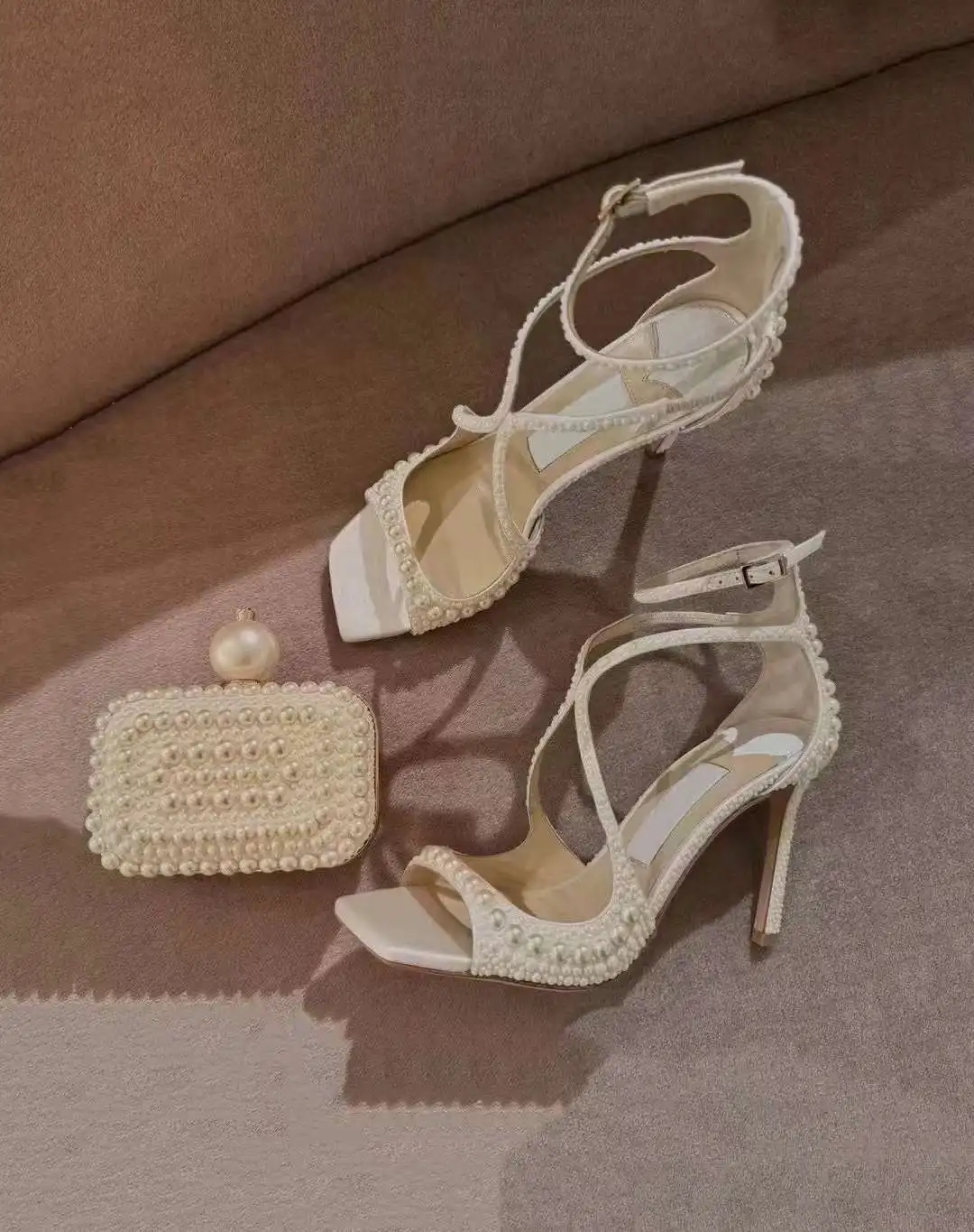 2024 Summer Customized White Female Sandals Bridal shoe bag set woman Thin Heel Big Pearl Girls fashion Sandals party Shoes