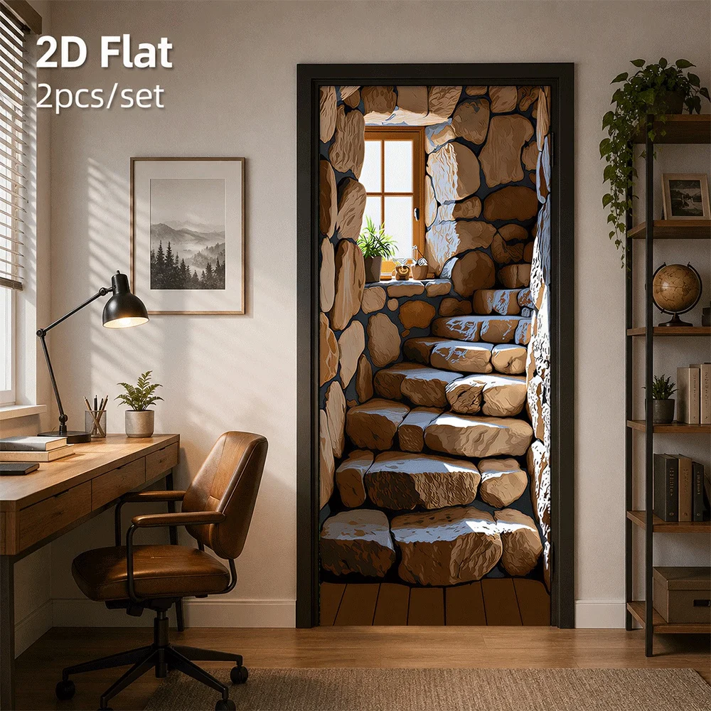 1 piece of retro stone wall door sticker, living room bedroom entrance decoration sticker, self-adhesive, removable 2D flat