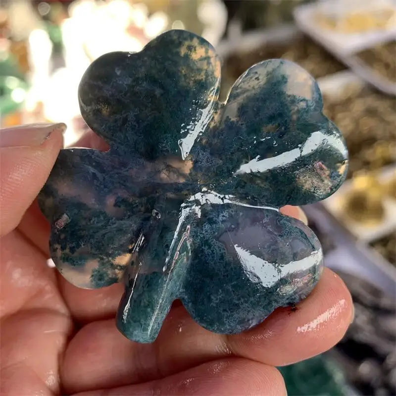 الطحلب الطبيعي العقيق أربع أوراق البرسيم نحت الأحجار الكريمة الريكي أحجار استشفاء محظوظ الحرف غرفة مكتب تمثال للتزيين هدية 2 قطعة