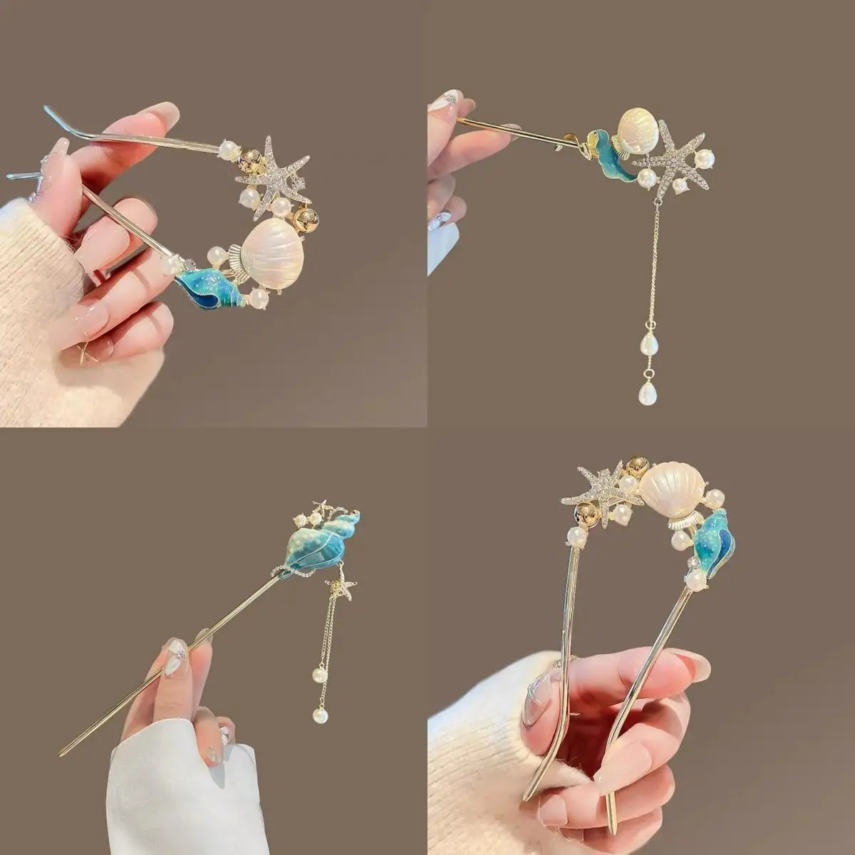 

Chinese Style Conch Pearl Hairpin Elegant Handcrafted Women's Hanfu Bun Clip with Tassel and Starfish Shell Bridal Headpiece