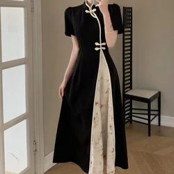 New Chinese Style Spliced Floral Women Long Dresses Button Down Vintage Elegant Cheongsam Slim Fit Umbrella Skirt Banquet Black