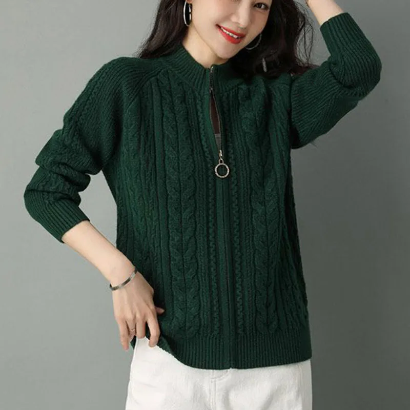 Meia gola alta com zíper de malha cardigan jaqueta feminina outono novo estilo cor sólida manga raglan cardigans engrossar casaco de camisola