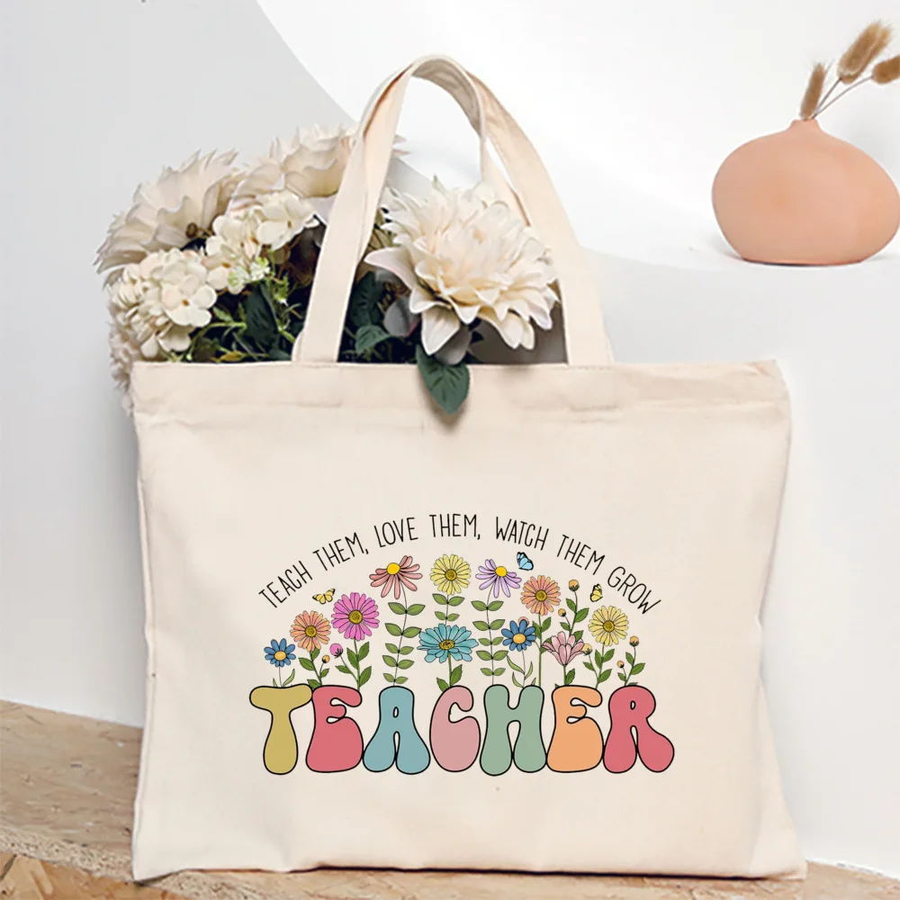 Borsa Tote per insegnanti floreali regalo di apprezzamento per insegnanti insegna loro di amarli guarda crescere ultimo giorno di insegnanti di scuola grazie regalo