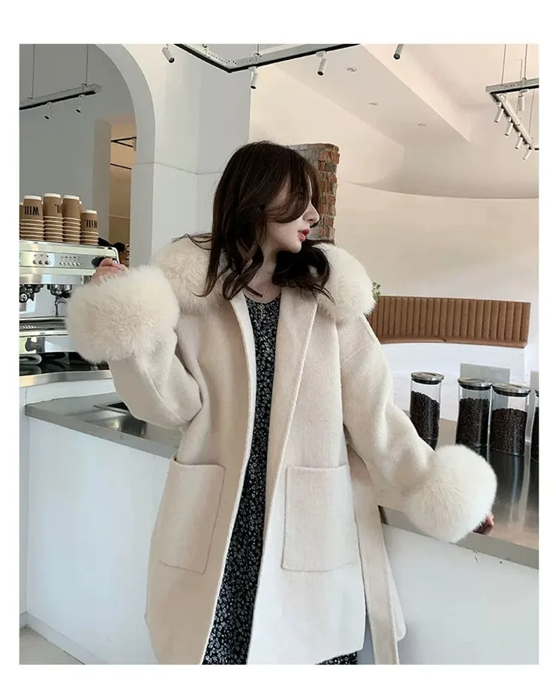 Furshehe Echtpelz Mantel Herbst Winter Frauen Kaschmir Mantel Natürliche Fuchs Pelz Kragen Manschetten Mit Kapuze Woolen Jacke Damen Oberbekleidung