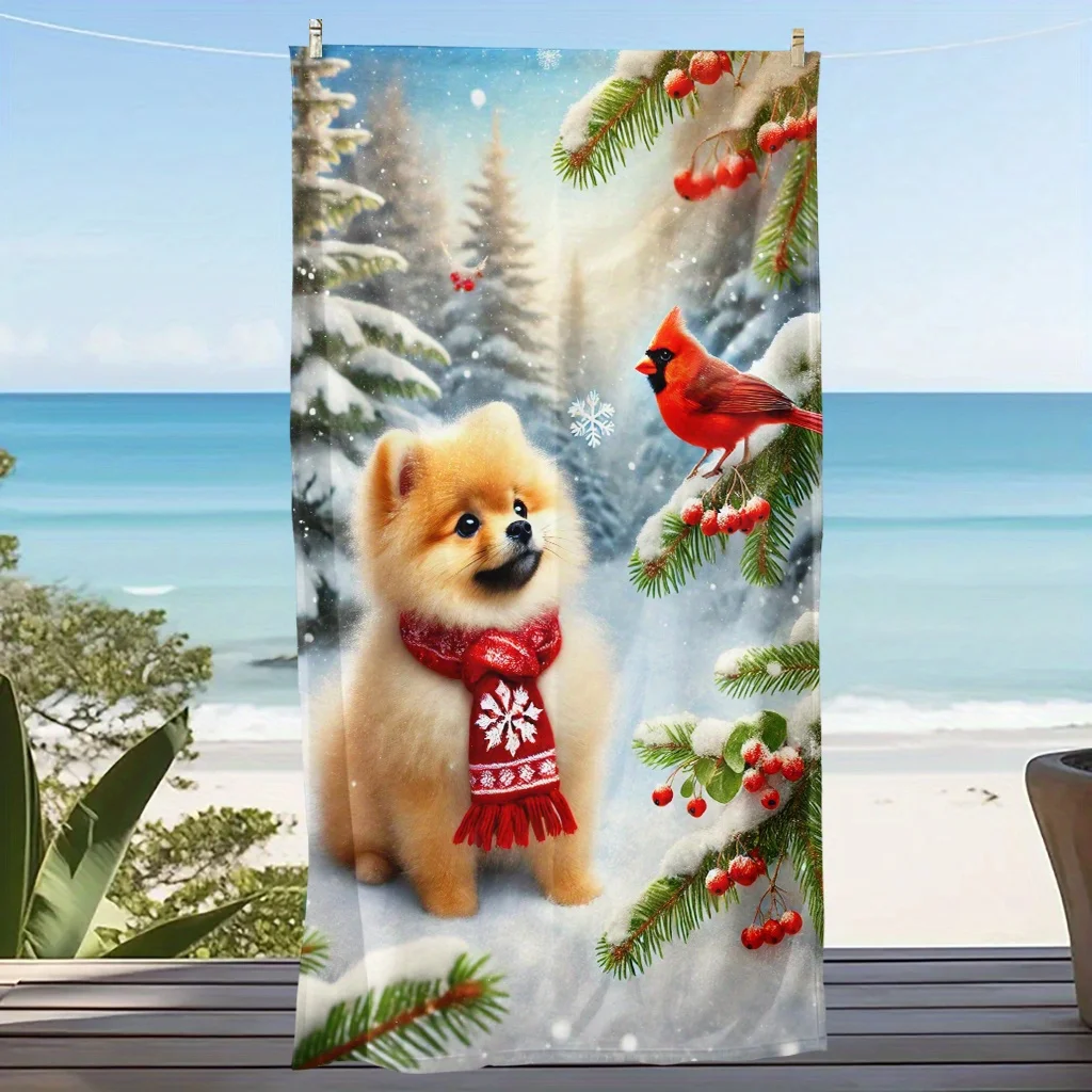 Snowflake Beach Towel - Super Soft Fluffy Christmas Design with Pomeranian Dog, Cardinal Bird & Snowy Pine Trees