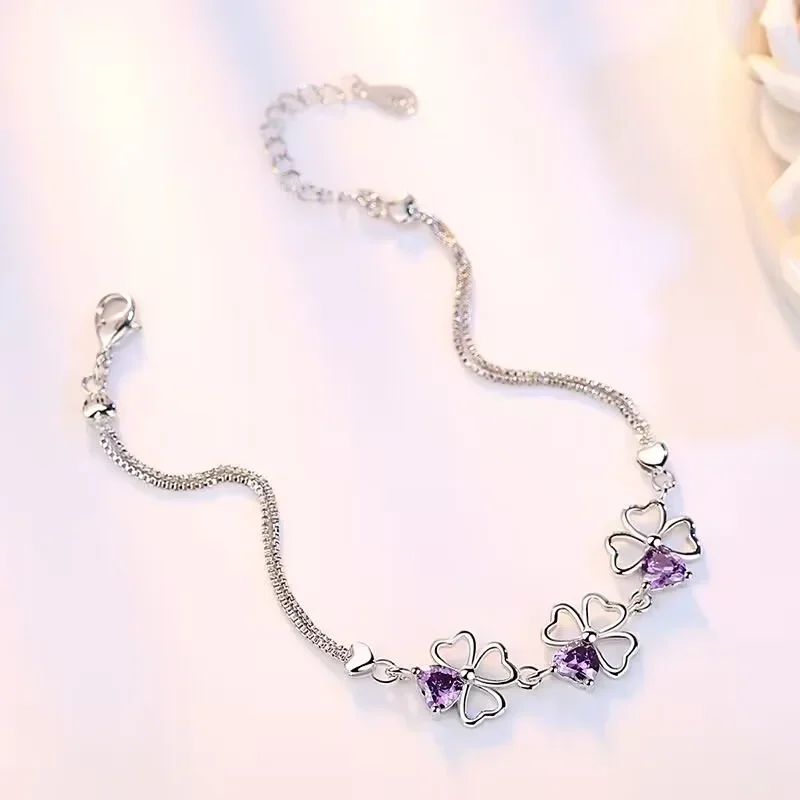 Hot Fine korean fashion 925 Sterling Silver Purple crystal Lucky Clover Bracelet for women party wedding Jewelry Length 17CM+4CM