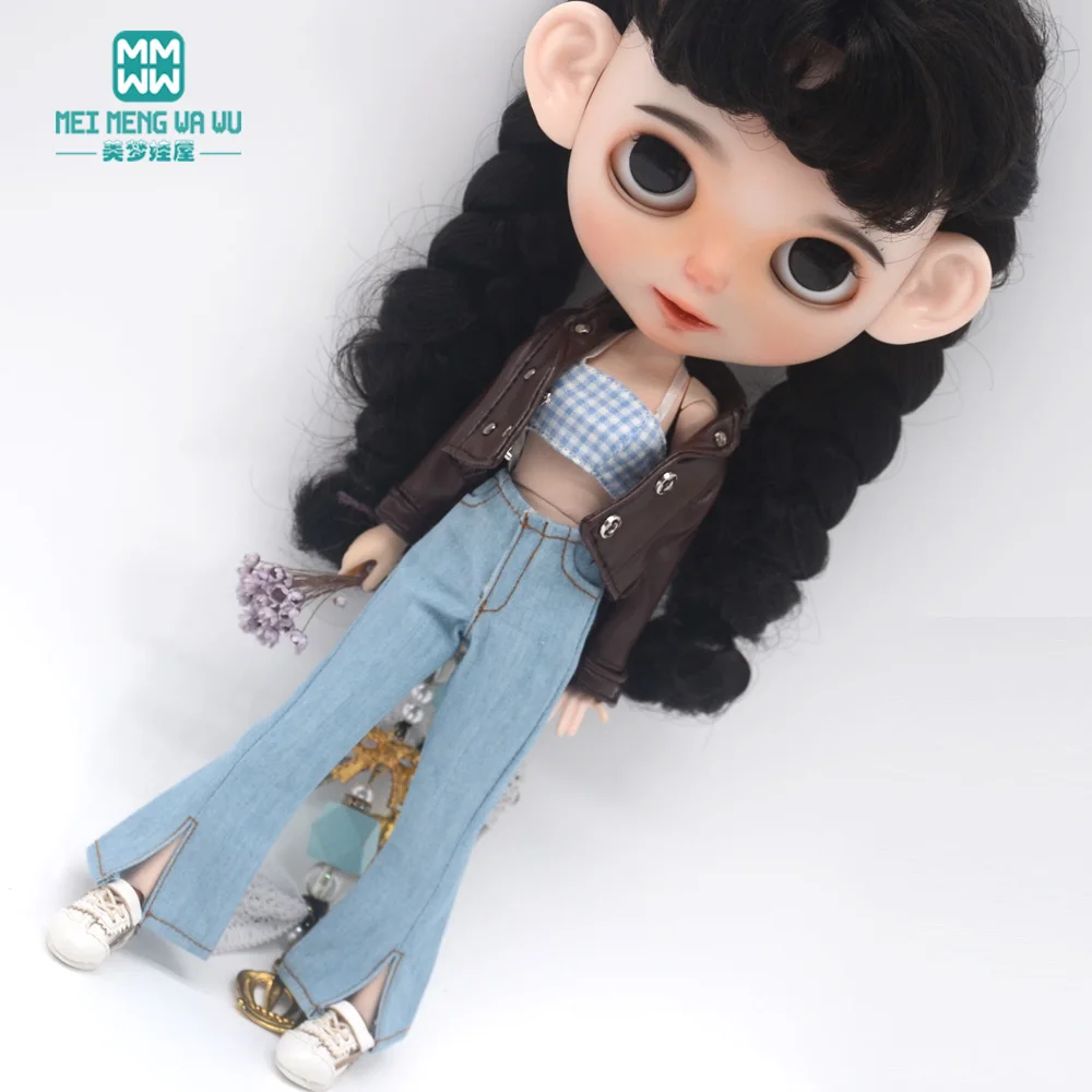 Blyth Puppe Kleidung 28-30cm Azon OB24 Zubehör Mädchen Geschenk Spielzeug Mode Leder Jacke Jeans Ausgestelltes Hosen Rohr top – Detail 19