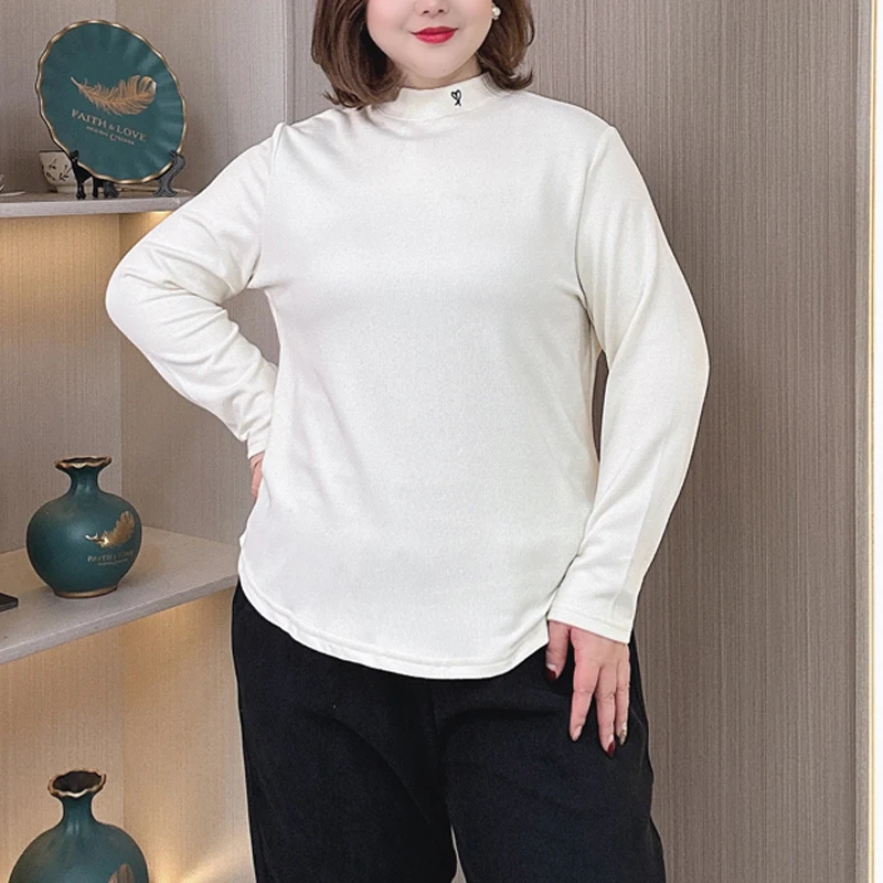 

Осенне-зимние модные базовые топы с воротником-стойкой Love Embroidery DE Бархатная теплая футболка больших размеров с длинными рукавами для женщин 2430