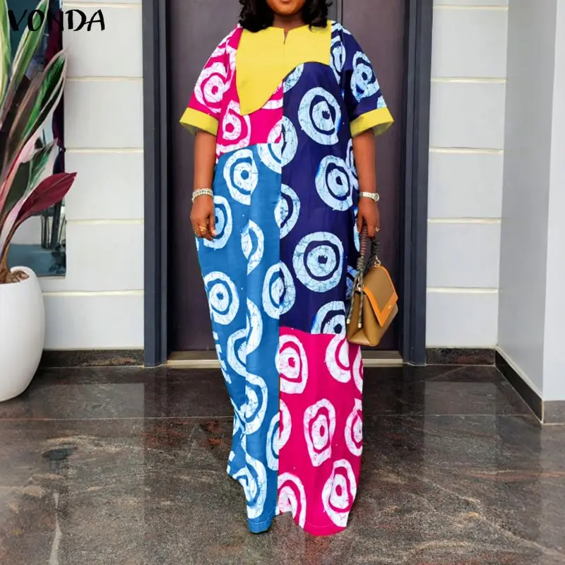 VONDA L-5XL Übergröße Kleider Damen Sommerkleid mit Print Patchwork Streetwear Locker Sitzende Damenrobe OL Arbeit Party Freizeit Sommerkleid