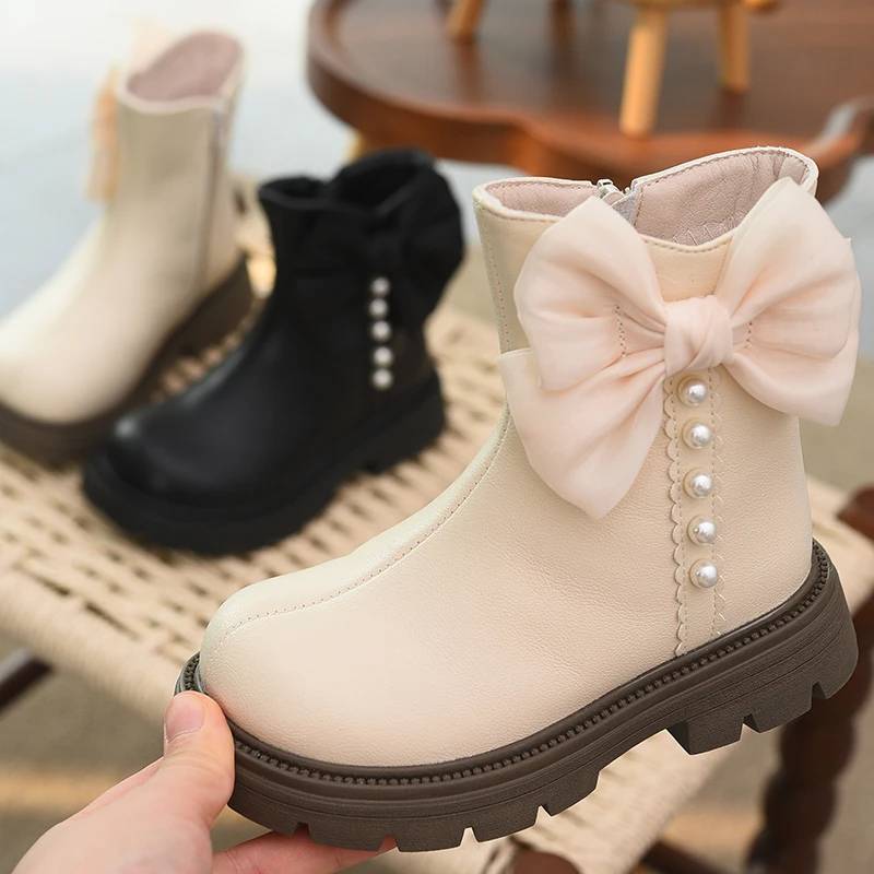 

Genuine leather girls' short boots and children's leather boots 2025 new autumn and winter plus velvet little girls' princess bo