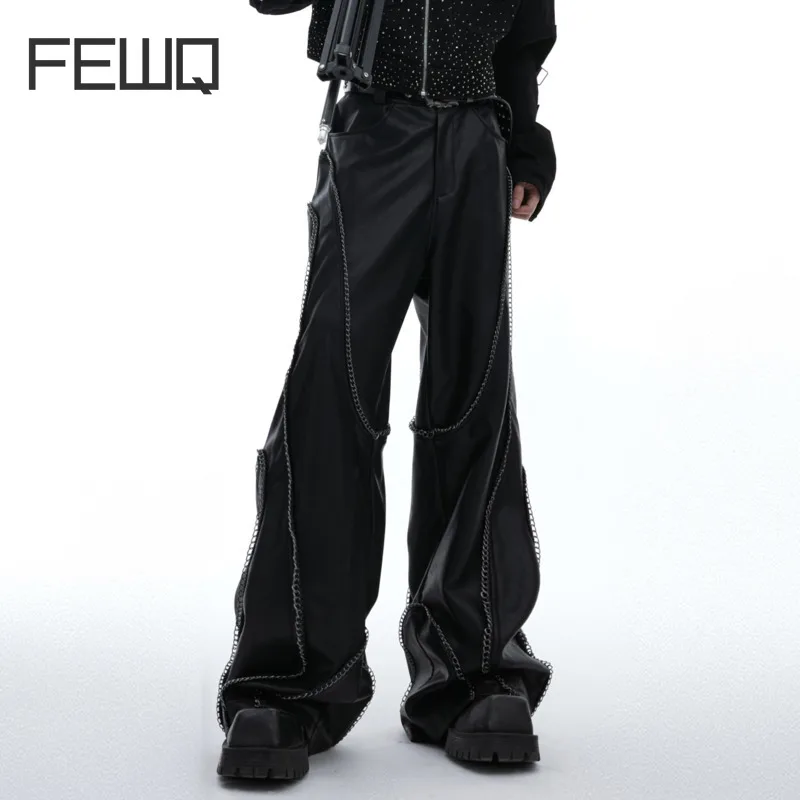 

FEWQ Niche Metal Chain Design Loose PU Leather Pants Casual 2024 Solid Color Wide Leg Male Trousers New Fashion 24E1536