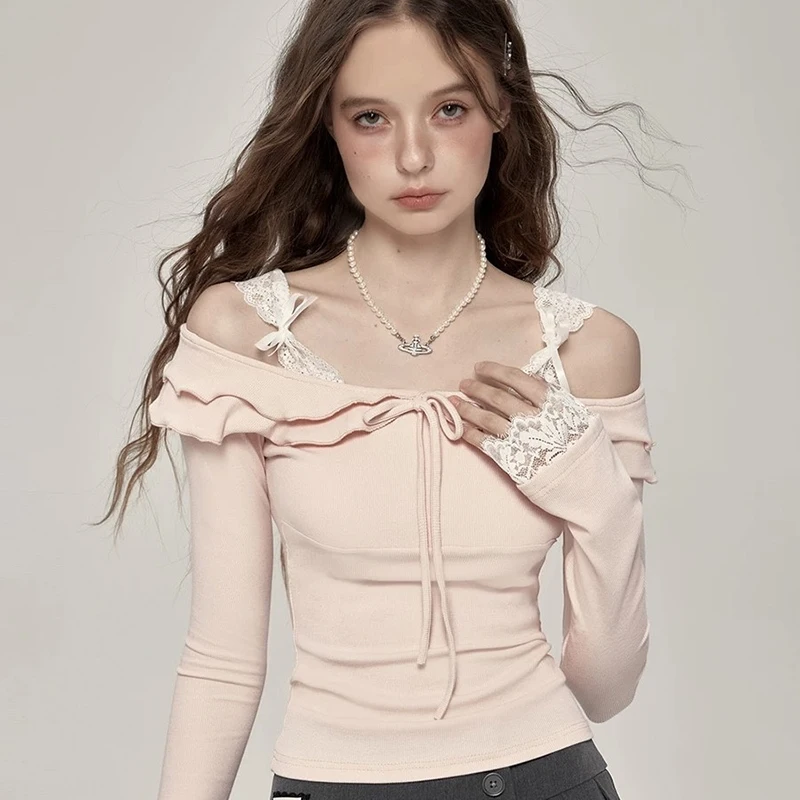 

MEXZT Pink Slash Neck T Shirts Women Cutecore Bow Lace Patchwork Crop Tops Kawaii Long Sleeve Tees Autumn Korean Slim Clothes