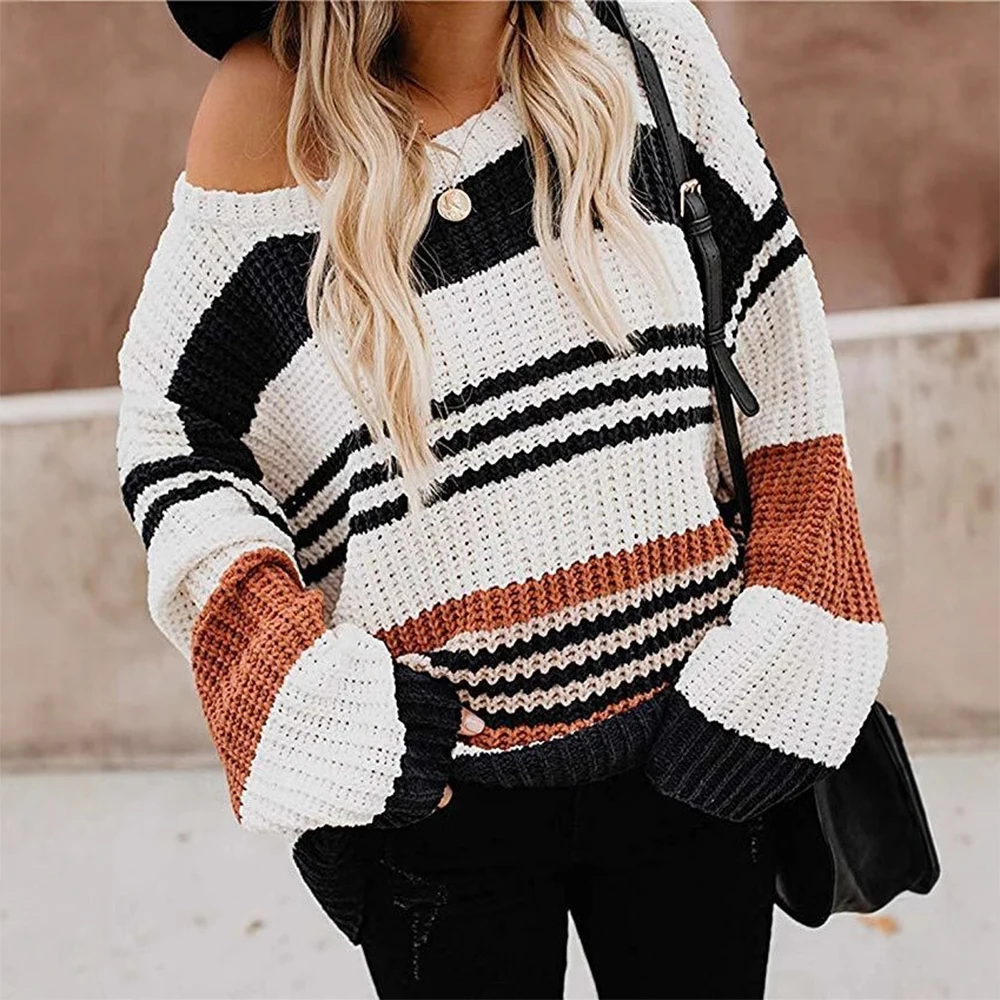 

Women's Casual Loose round Neck Striped Sweater Autumn Winter European American Style Contrasting Color Stitching Knitwear