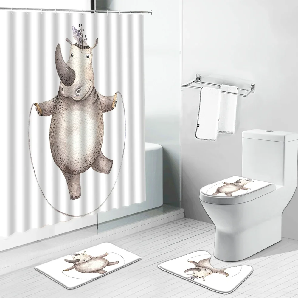 Alpaca Cartoon Animals Shower Curtain Set Flamingo Rhino Owl Fox Child Baby Bathroom Curtains Toilet Lid Cover Bath Mat Carpet