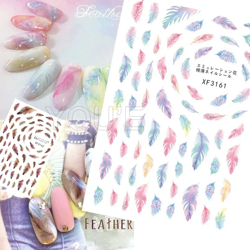 

5pcs Feather Nail Art Sticker 3D Decals Nail Art for Manicure Design Sticker Back Glue Adhesive Decoration Sticker for Nails