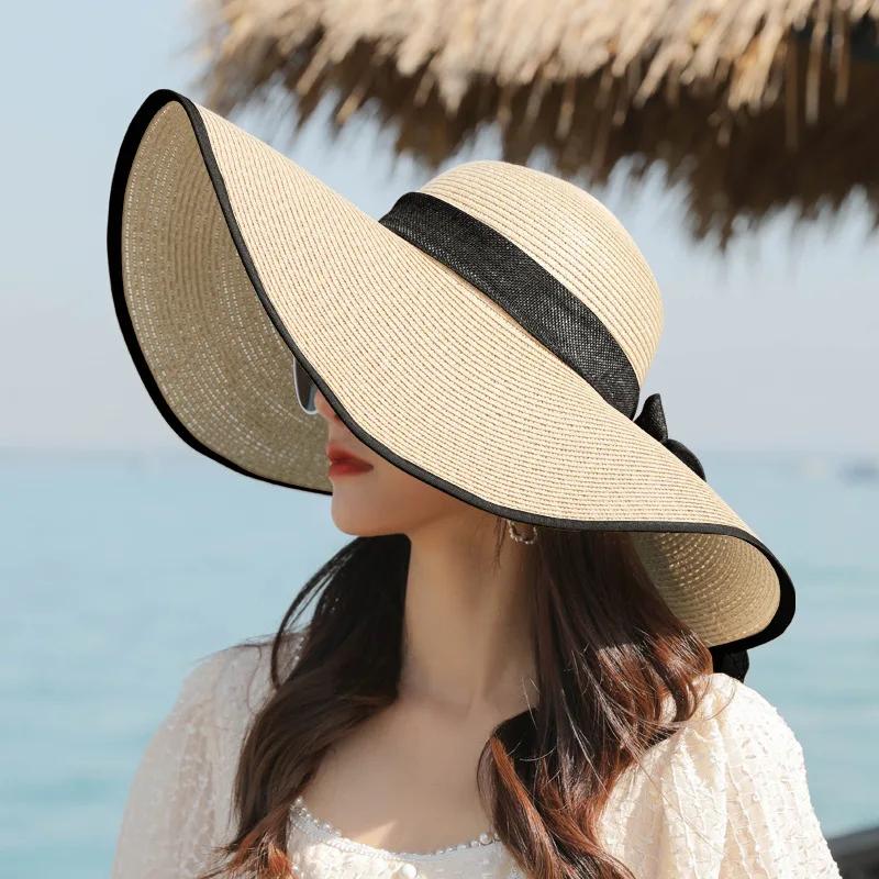 INS Handmade Weave Bow Sun Hats for Women 2023 Black Ribbon Large Brim Straw Hat Outdoor Beach Summer Caps Gorras Hombre