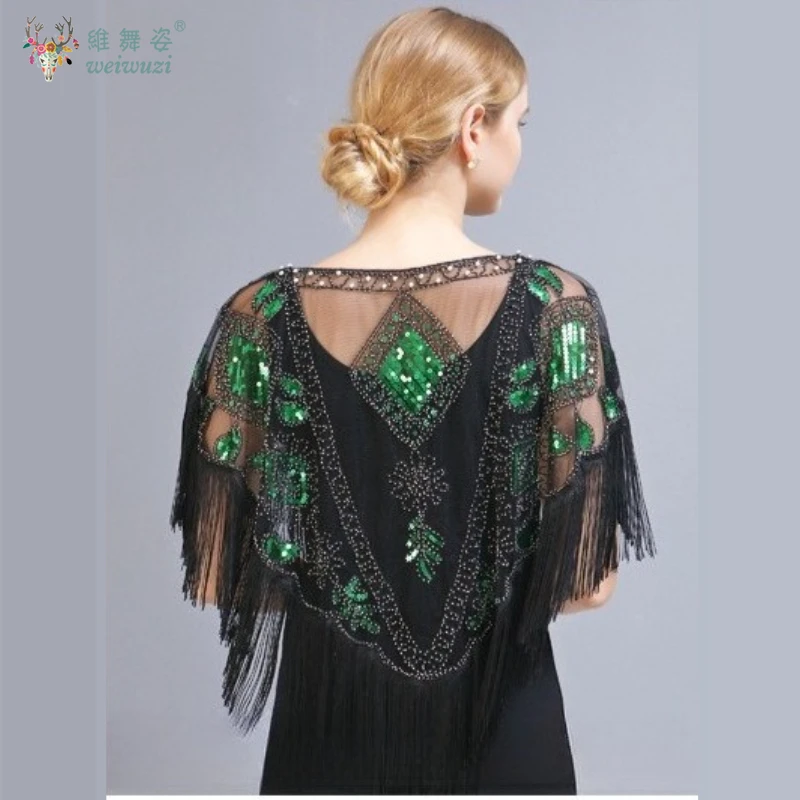 빈티지 연회 및 무도회 이브닝 드레스 스팽글 프린지 숄 메쉬 스팽글 비즈 자수 쉬운 매칭 이브닝 드레스 액세서리