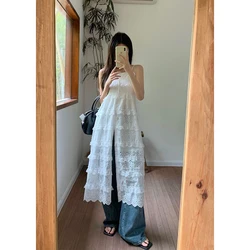 MEXZT Y2K Lace Hollow Out Midi Dress Women Fairy Ruffles Dresses Vacation Beach Korean Fashion Sexy Strap Split A Line Vestidos