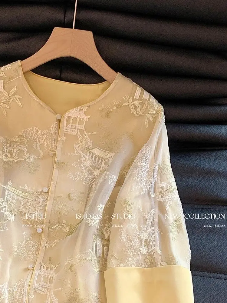 꽃 자수 쉬폰 블라우스 여성 느슨한 소매 빈티지 당나라 탑 중국 스타일 레트로 버클 탑