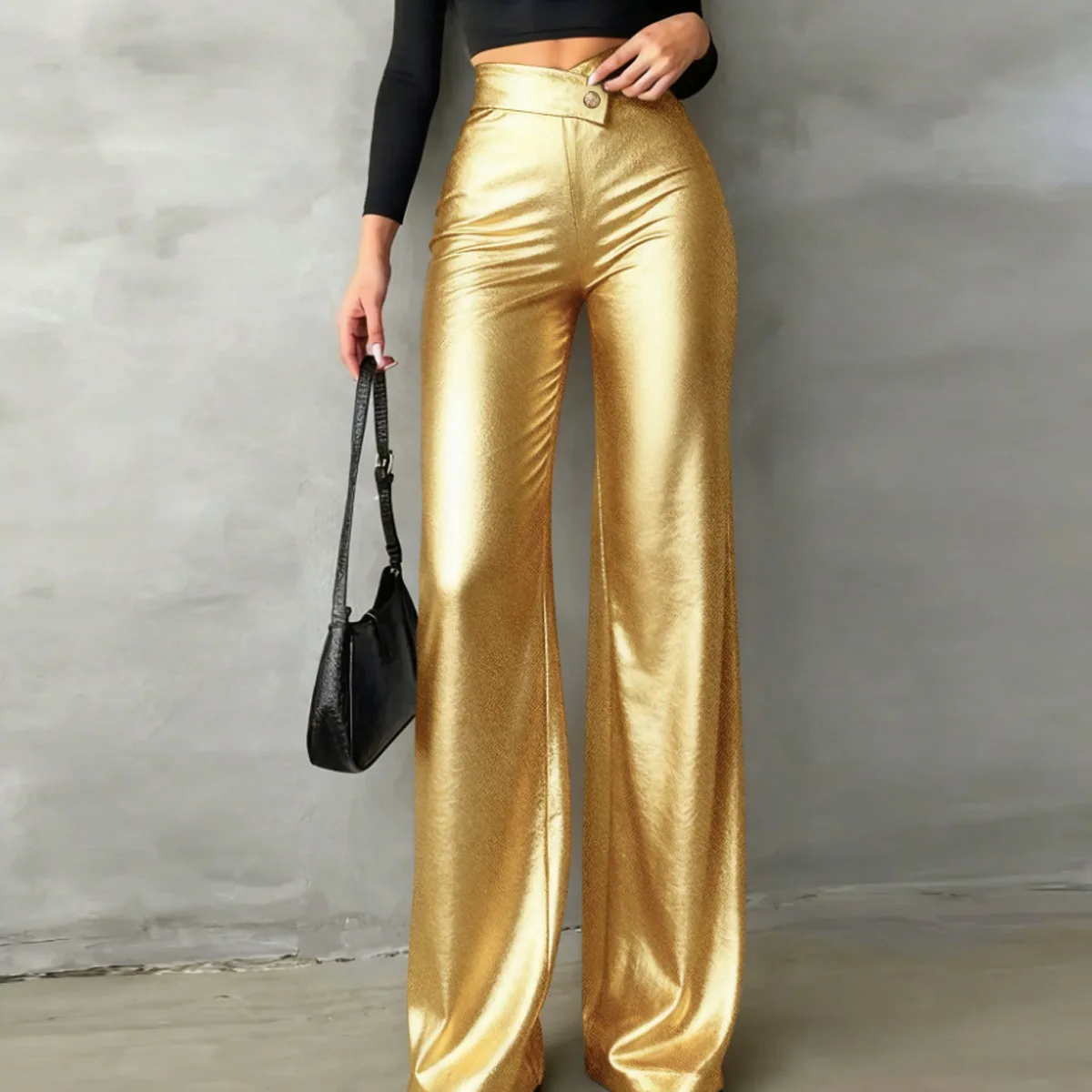 

Gtpdpllt Gold Women Shiny Flare Trousers Laser Sexy Wetlook Bell Bottoms Retro 70s 80s Casual Trousers Skinny Stretch Pants