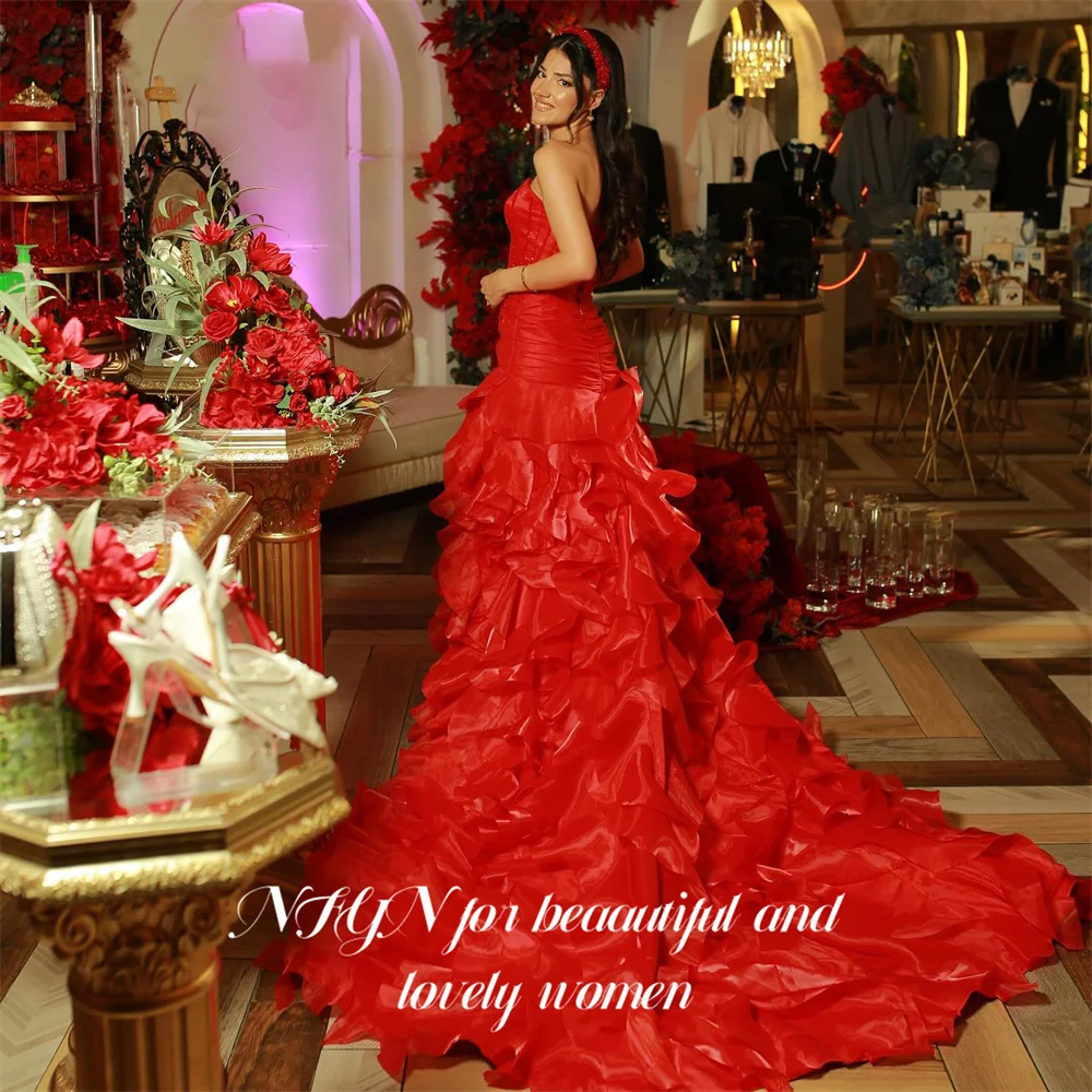 NFYN Red Evening Dress Strapless Sleeveless Formal Gown High Low Layered Night Dresses Pleated Unique Prom Dresses Customized
