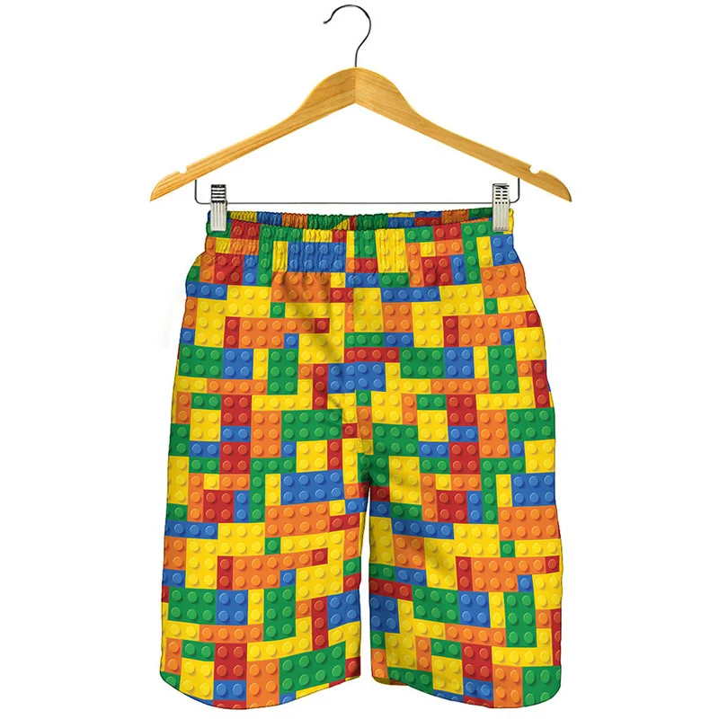 Shorts de praia estampados em 3D para homens, blocos criativos, calções de pranchas de surf legais, moda infantil, verão