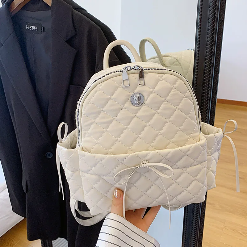 Rhombus embroidery thread women's bow backpack versatile casual bag