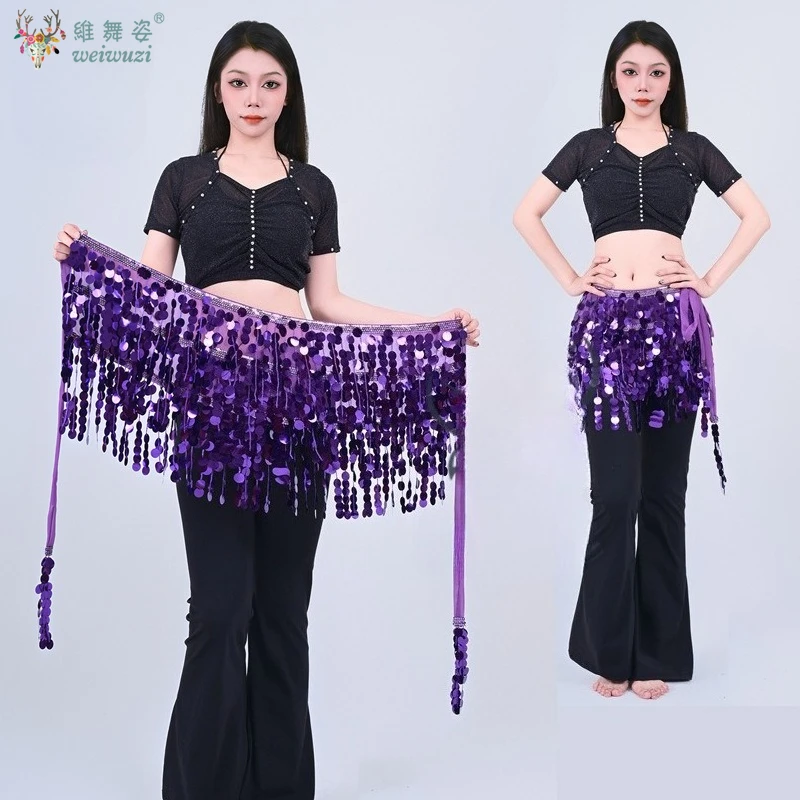 Women's Halloween New Style 4 Layer Sequin Belly Dance Waist Chain Colorful Tassel Trim Dance Performance Hip Scarf Indian Belt