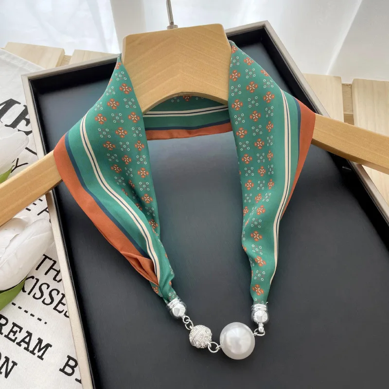 Clavicle Choker Scarf Neckerchief Chain Magnetic Buckle Pearls Bead Necklace Scarves Neck Wraps Women Necklaces Ring Decoration