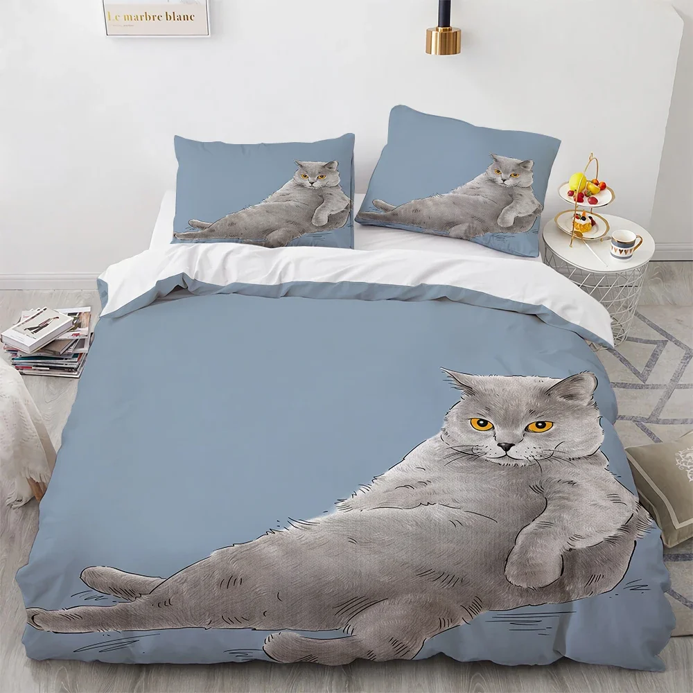 Watercolor Cat Duvet Cover King Queen Pet Kitty Bedding Set for Teens Adults Blue British Shorthair 2/3pcs Polyester Quilt Cover