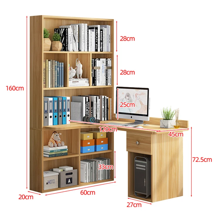Home Office Furniture Study Writing Desk with Drawers L-shaped Corner Computer Computer Desk with Bookcase Large Space