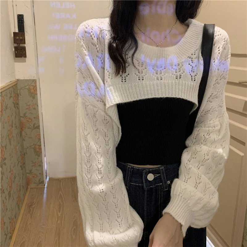 Women Knit Shrugs Cropped Sweaters Fashion Hollow out Loose Pullovers Stylish Long Sleeves Cover Ups All-match Blouse Tops