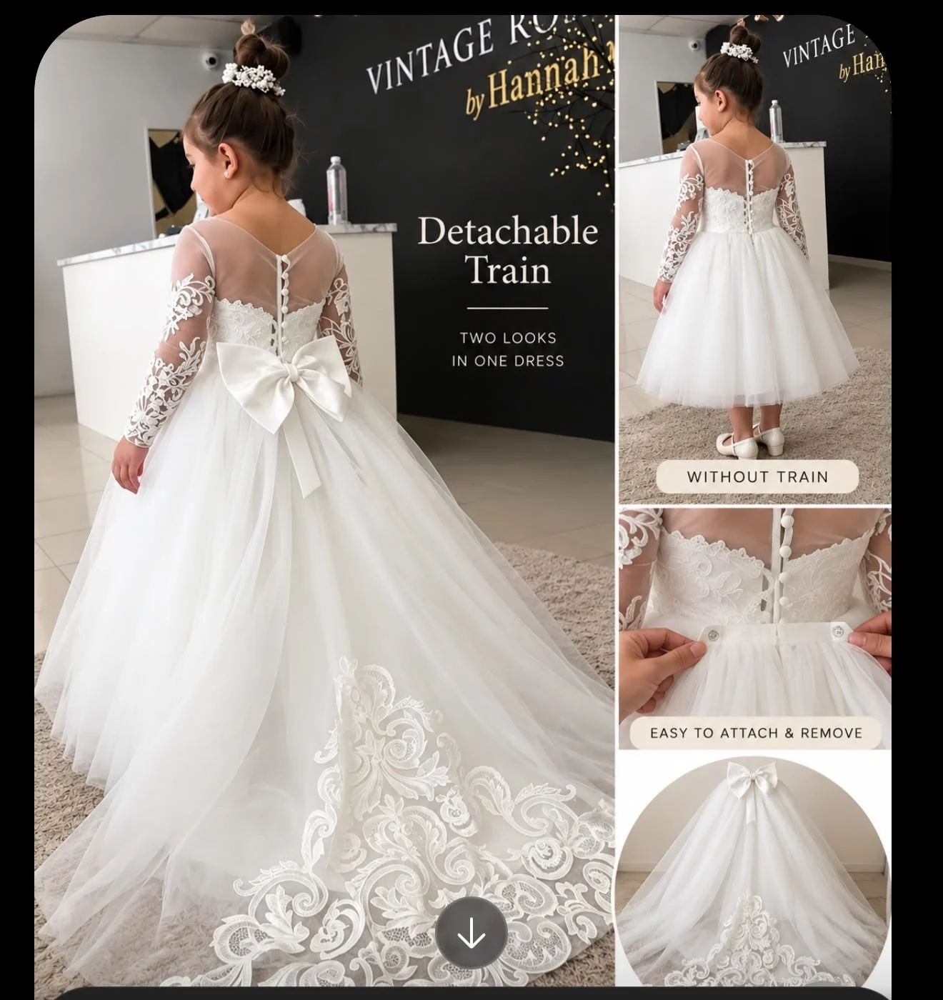 White flower girl dress ivory lace princess dress long sleeved wedding dress floor standing detachable trailing sheer dress