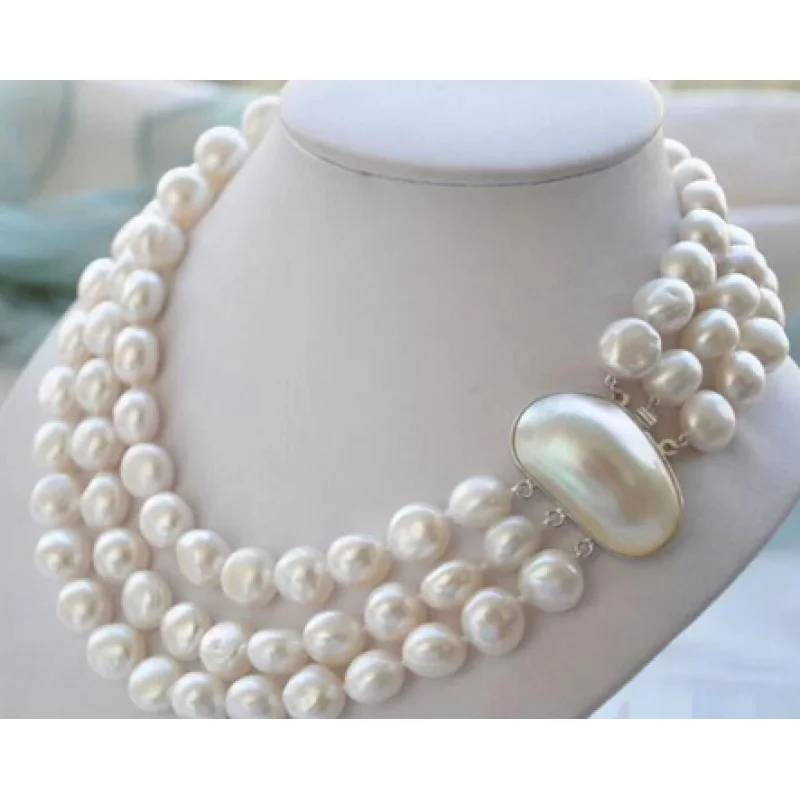 

Jewelry Pearl Nelace Hot sale 3ROW 10-13mm BAROQUE WHITE FRESHWATER PEARL NELACE MABE