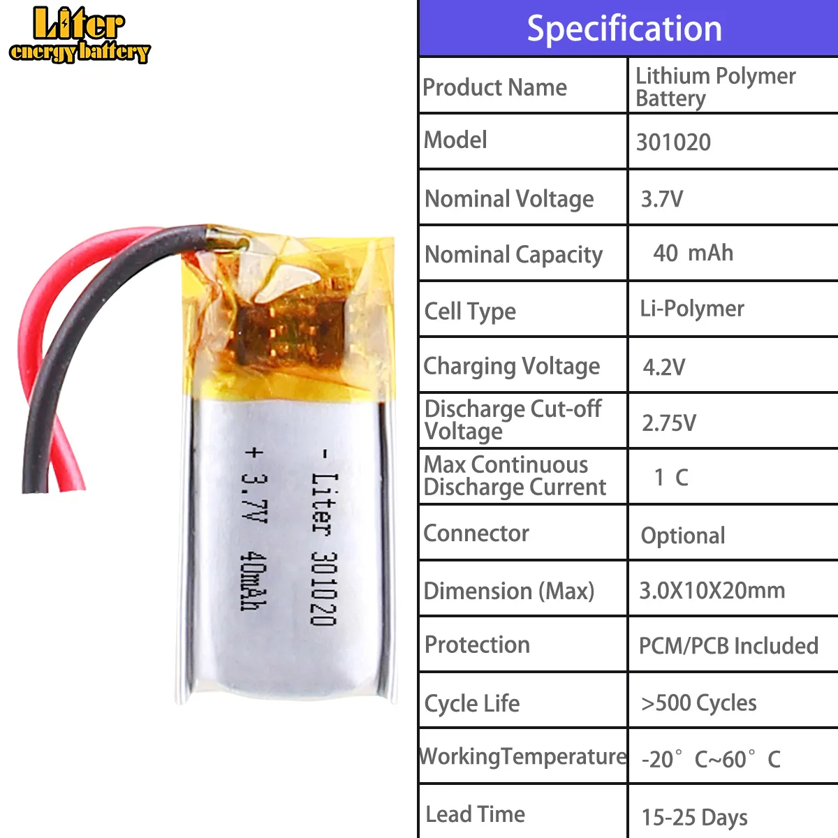 301012 （50mah）301020（40mah）301020（60mah）301025（55mah）301048（200mah）Polymer Li-Po Batteries | Multiple Capacities Available
