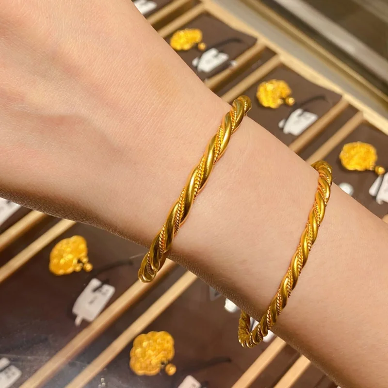 100% Real 24K Gold AU999 Twisted Rope Bracelet For Women, Ancient Method Inheritance Bangle, Luxury High-End