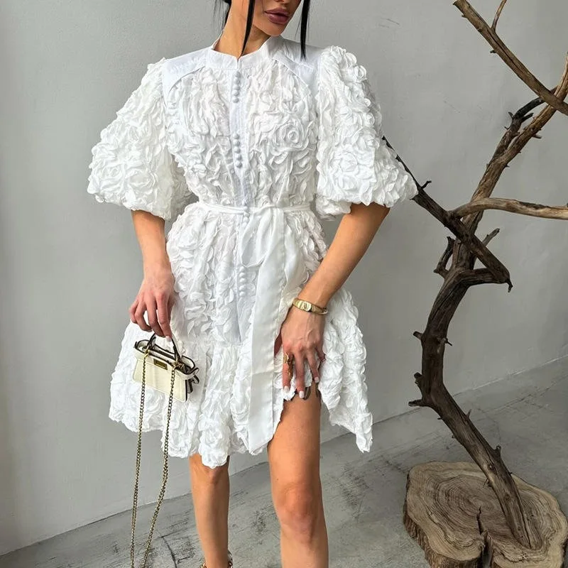 

3D Flower Prom Formal Dress Women Puff Sleeve Summer Autumn Loose A Line Pleated Single Breasted Mini Party Dresses
