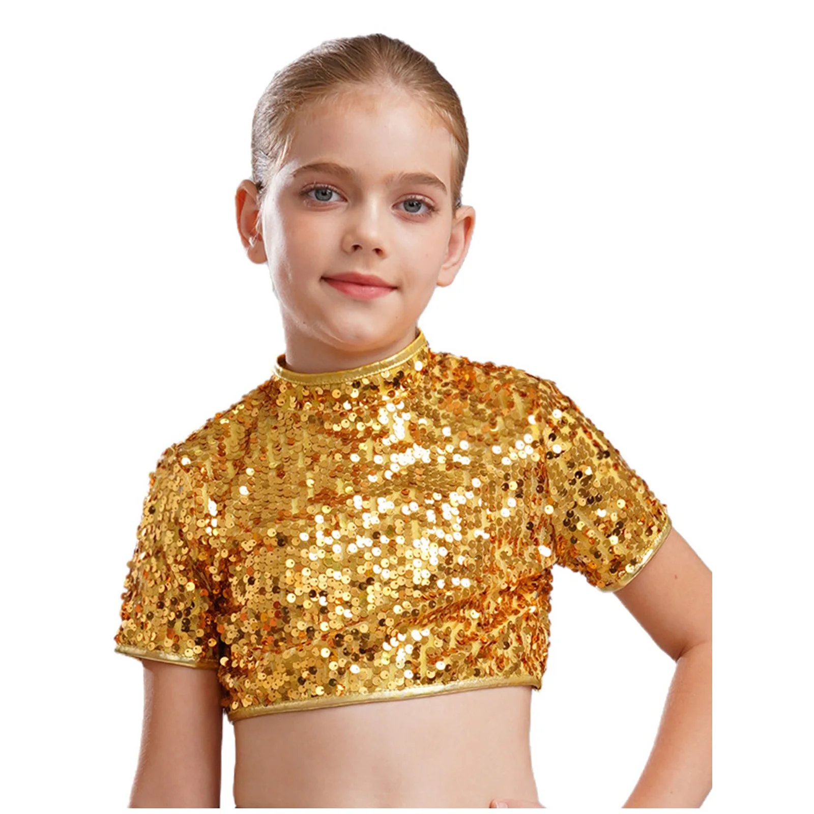 Kids Girls Cheerleading Jazz Dance Performance Costume Mock Neck Short Sleeve Sparkly Sequins Crop Top Shirts for Carnival Party