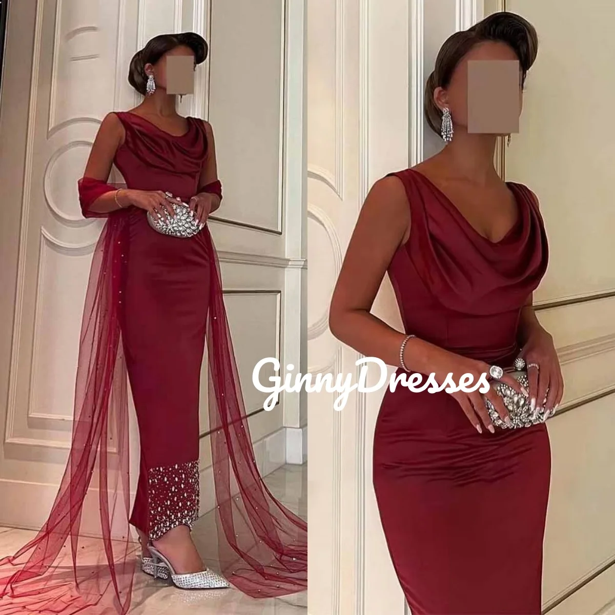 

Evening Dresses Luxury Customize Sheath Split Cowl Neck Dresses For Prom Floor-Length Beadings Zipper Up Cap Straps Formal Occas
