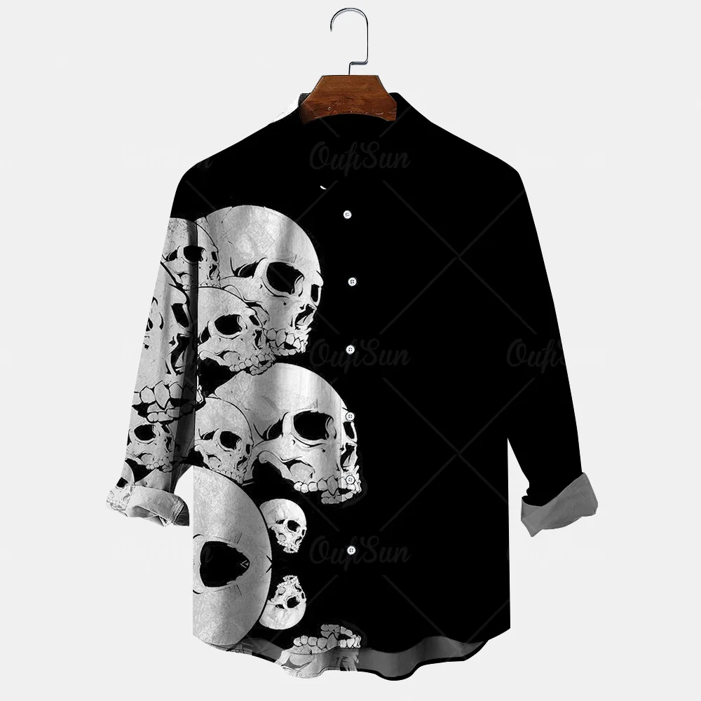 Autumn Skull Print Long Sleeve Shirts Men\'s Polo Collar Long Sleeve Shirt Personalized Outdoor Casual Clothing Men\'s Loose Tops