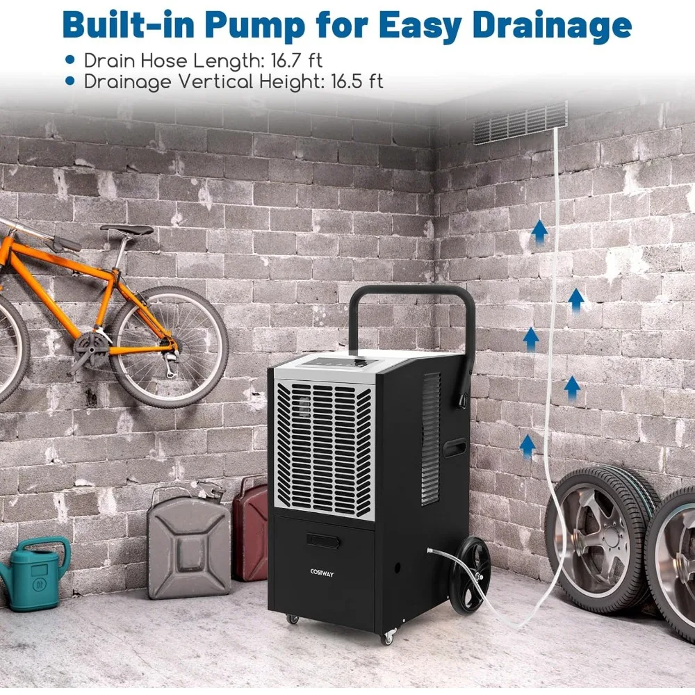 163파인트 상업용 제습기, 4500평방피트 제습기(펌프 및 배수 호스 포함), 지하실, 창고, 작업장용 24시간 타이머
