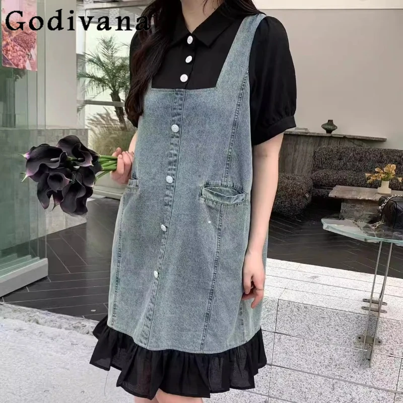 

Large Size 3XL-6XL Summer Girl Fashion Splicing Denim Dress Short Sleeve Sweet Ruffles Loose Leisure Blue Age Reduction Dresses