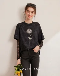 LOUIS YAO 2024 Design Sense Fake Two Piece T-shirt Autumn Edition Round Neck Loose Splicing Long Sleeve Women's T-shirt